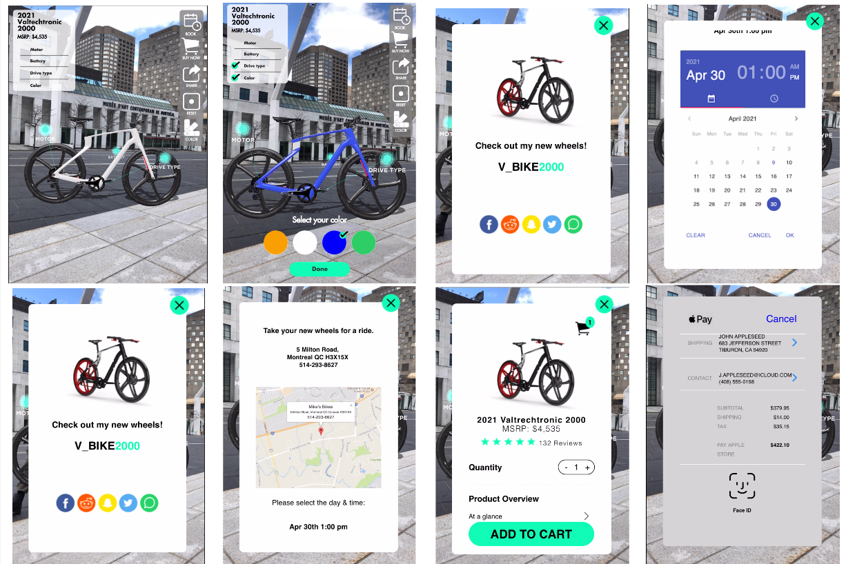 Eight screenshots of the WebAR e-bike experience showing the bike placed in front of the Musée d'art contemporain de Montréal, interactive hotspots, colour customization, social sharing, test ride booking, add to cart, and Apple Pay checkout — all within the AR environment