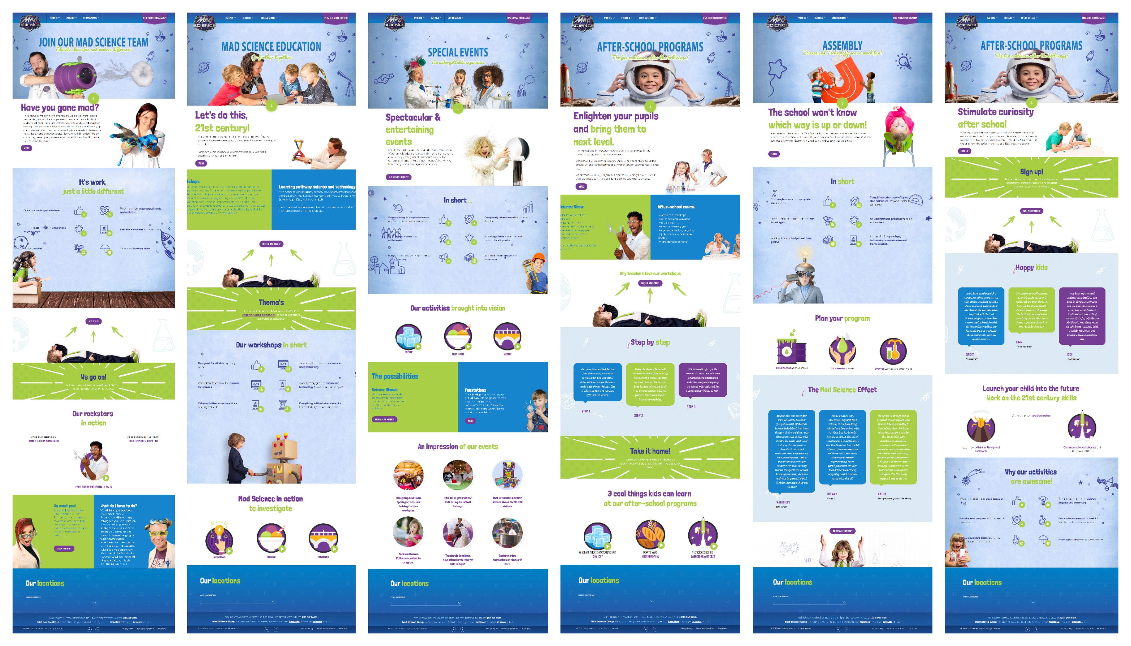 Six pages of the Mad Science bilingual website showing bold blue, green and purple branding with science-themed illustrations across Dutch and English layouts