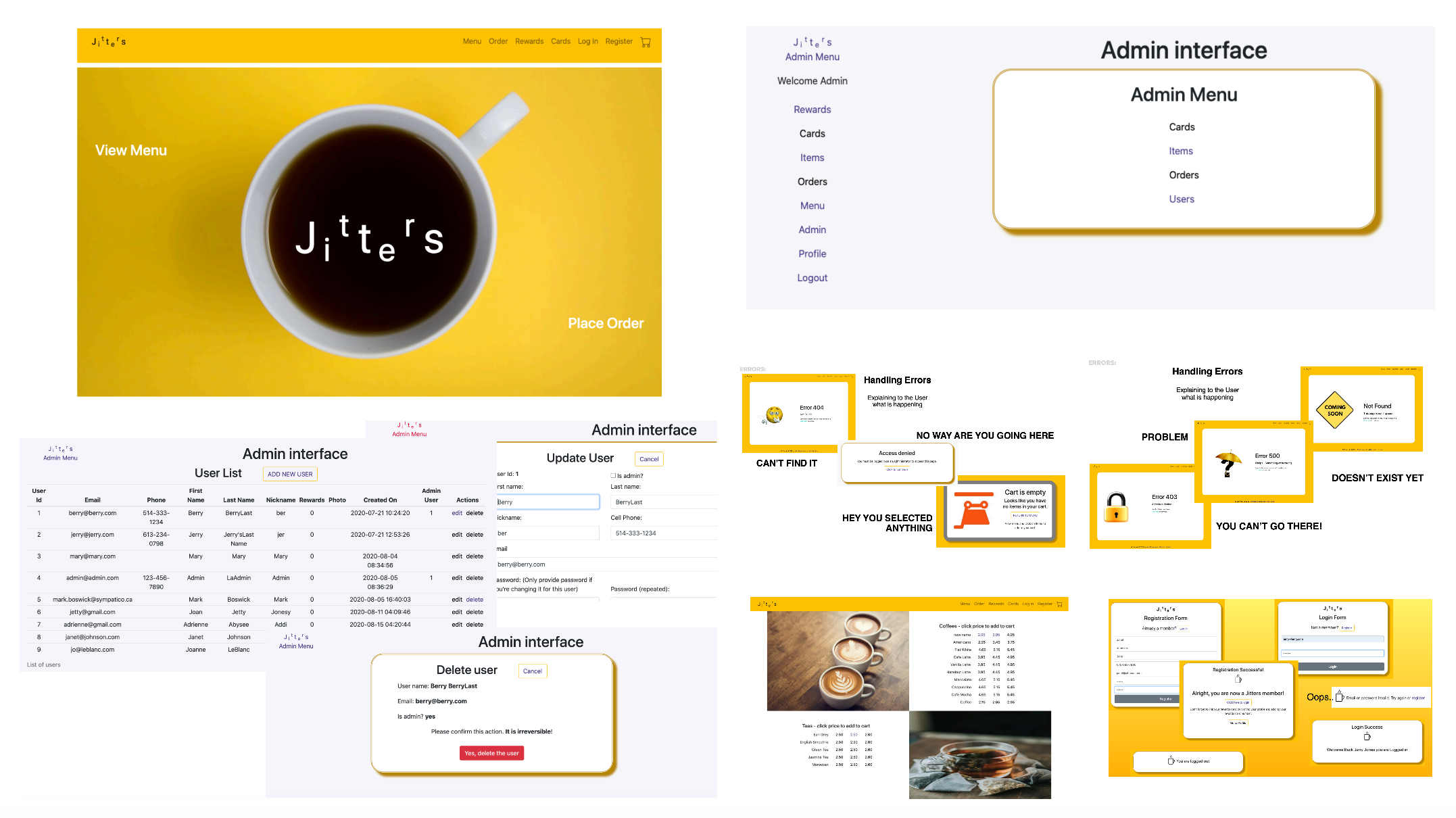 Screenshots from the Jitters coffee shop app showing the homepage, admin interface, user list, registration and login forms, error pages, and menu with cart functionality